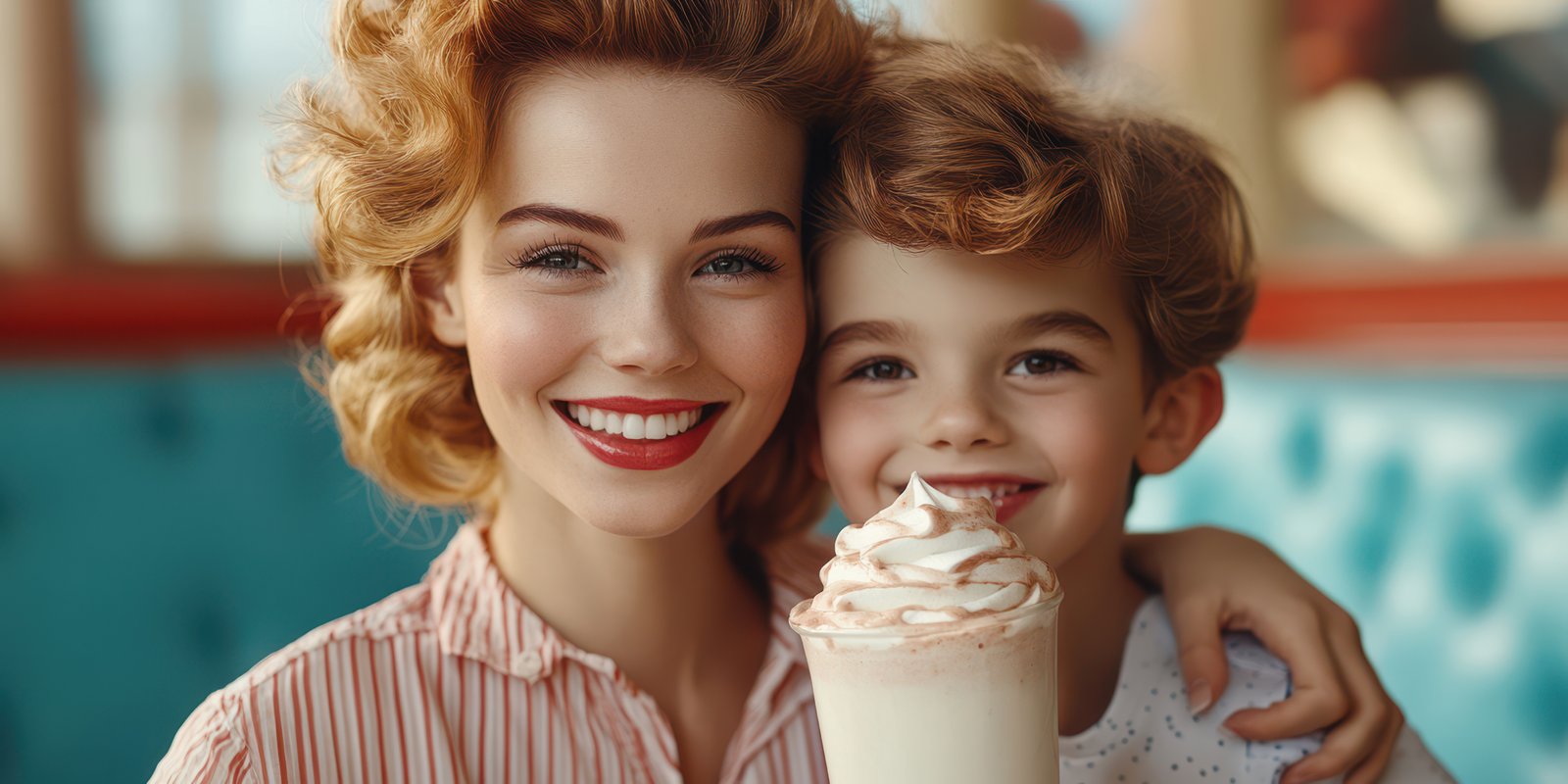Smiling mother and son enjoying a milkshake at a colorful diner during a sunny afternoon